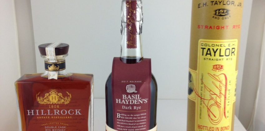Hillrock Estate Distillery Double Cask Rye, Basil Hayden's Dark Rye, Colonel E.H. Taylor Bottled in Bond Rye Whiskey